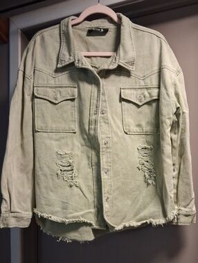 Light Green Distressed Denim Jacket - Women's Jean Jacket